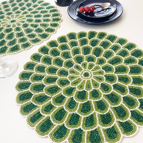 Handmade Design Beaded Placemat Tablemats Green Bead Charger Etsy