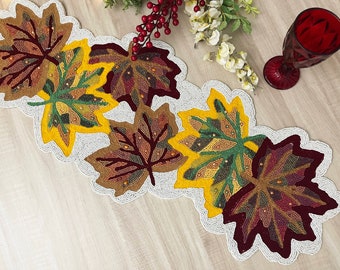 Handmade table runner, beaded table runner, maple leaf bead runner, 13x36inch, multicolour