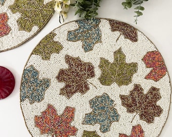 Handmade beaded fall placemat, Maple leaf tablemat, 14 inch, charger plate
