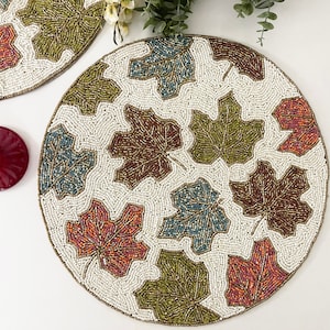 Handmade beaded fall placemat, Maple leaf tablemat, 14 inch, charger plate