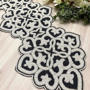 Handmade table runner, beaded runner, black burlap base and white bead work, 13x36inch