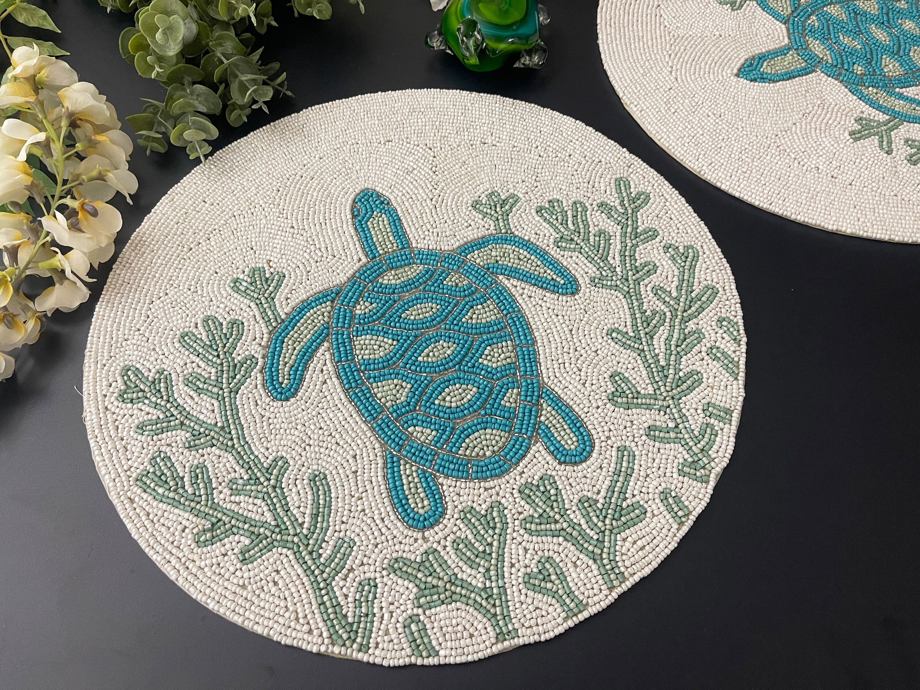 Handmade Beaded Placemat Turtles Design Tablemat 14 Inch Etsy
