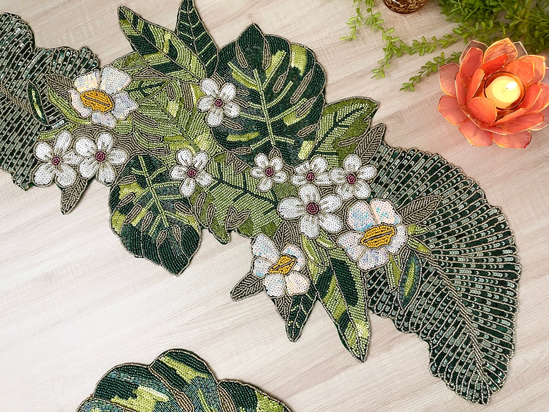 Handmade Beaded Table Runner: Floral Leaf Design (13x36 Inch) - Etsy