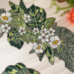 Handmade table runner, flower and leaf spring beaded table runner, 13x36 inch