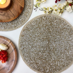 Handmade beaded placemat, beaded table mat, gold and silver