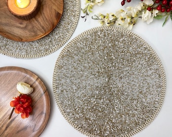 Handmade beaded placemat, beaded table mat, gold and silver