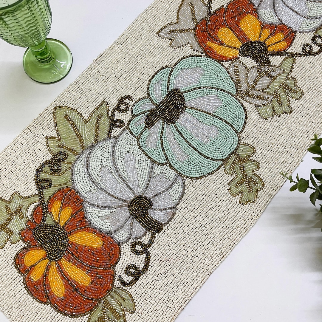 Handmade Bead Table Runner, Pumpkin Fall and Halloween Runner, 13x36 ...