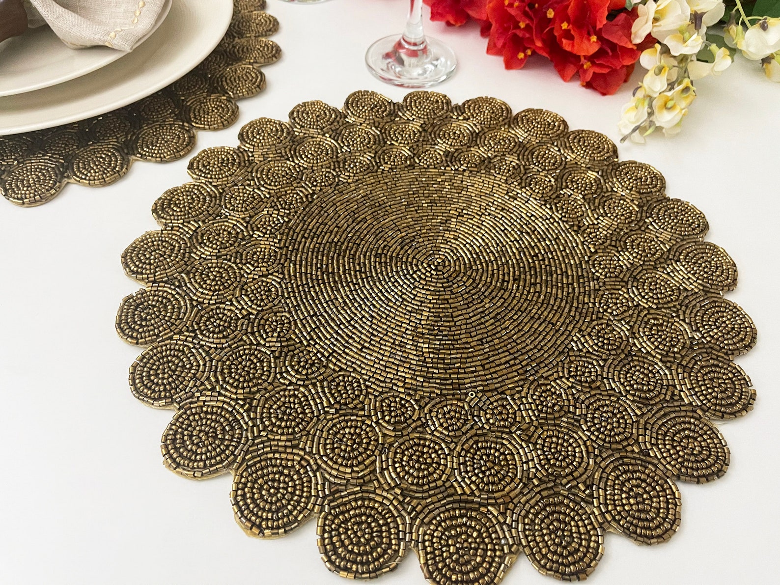 Handmade bead placemat charger plate dining table mat gold Etsy