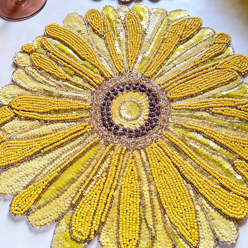 Handmade Beaded Placemat Floral Yellow Tablemat 14 Inch Etsy