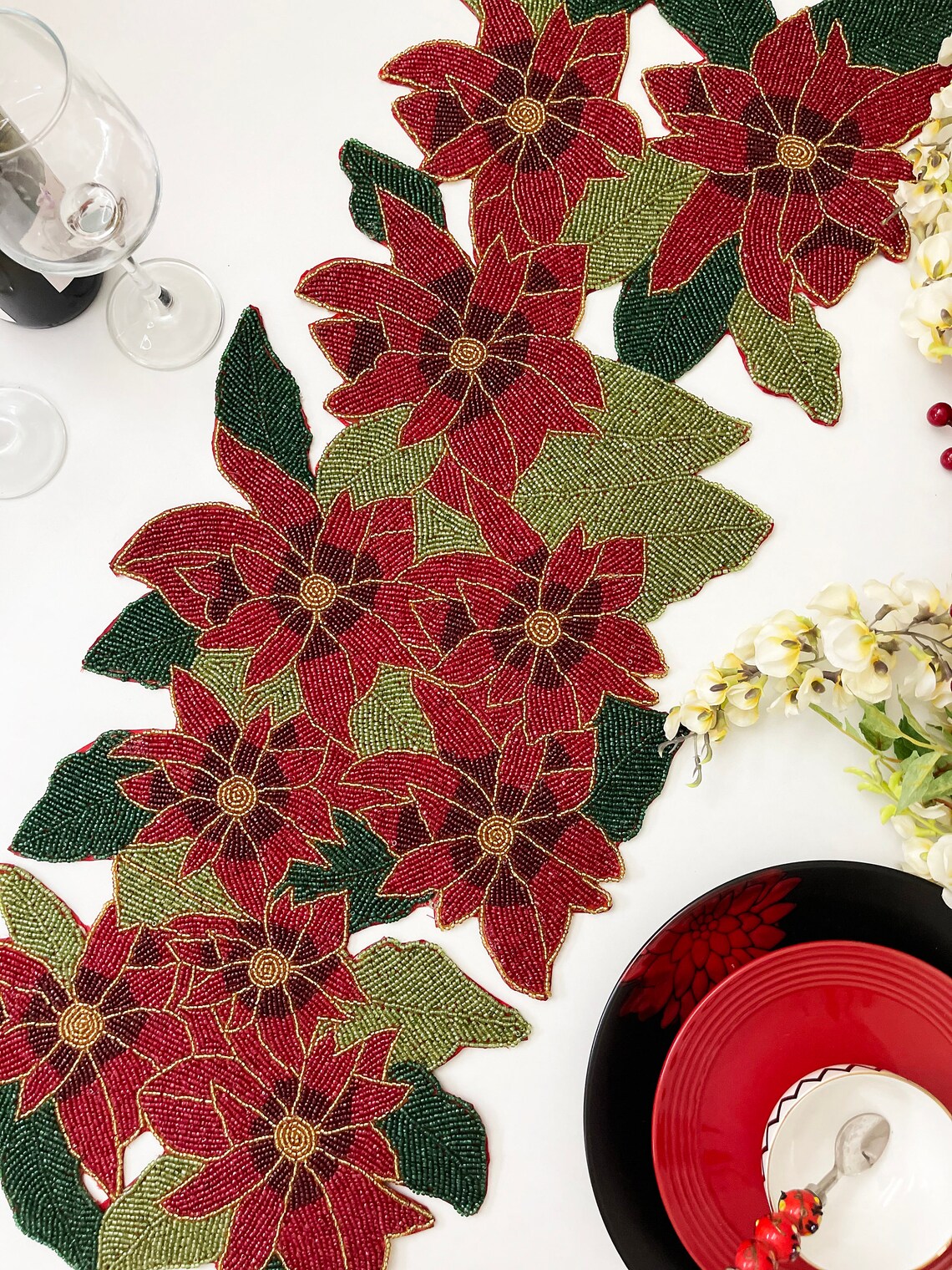 Handmade table runner floral beaded table runner Poinsettia Etsy