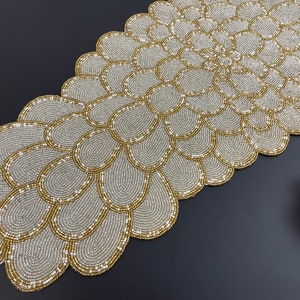 Handmade bead table runner, floral beaded runner, Silver and Gold, 13x36inch