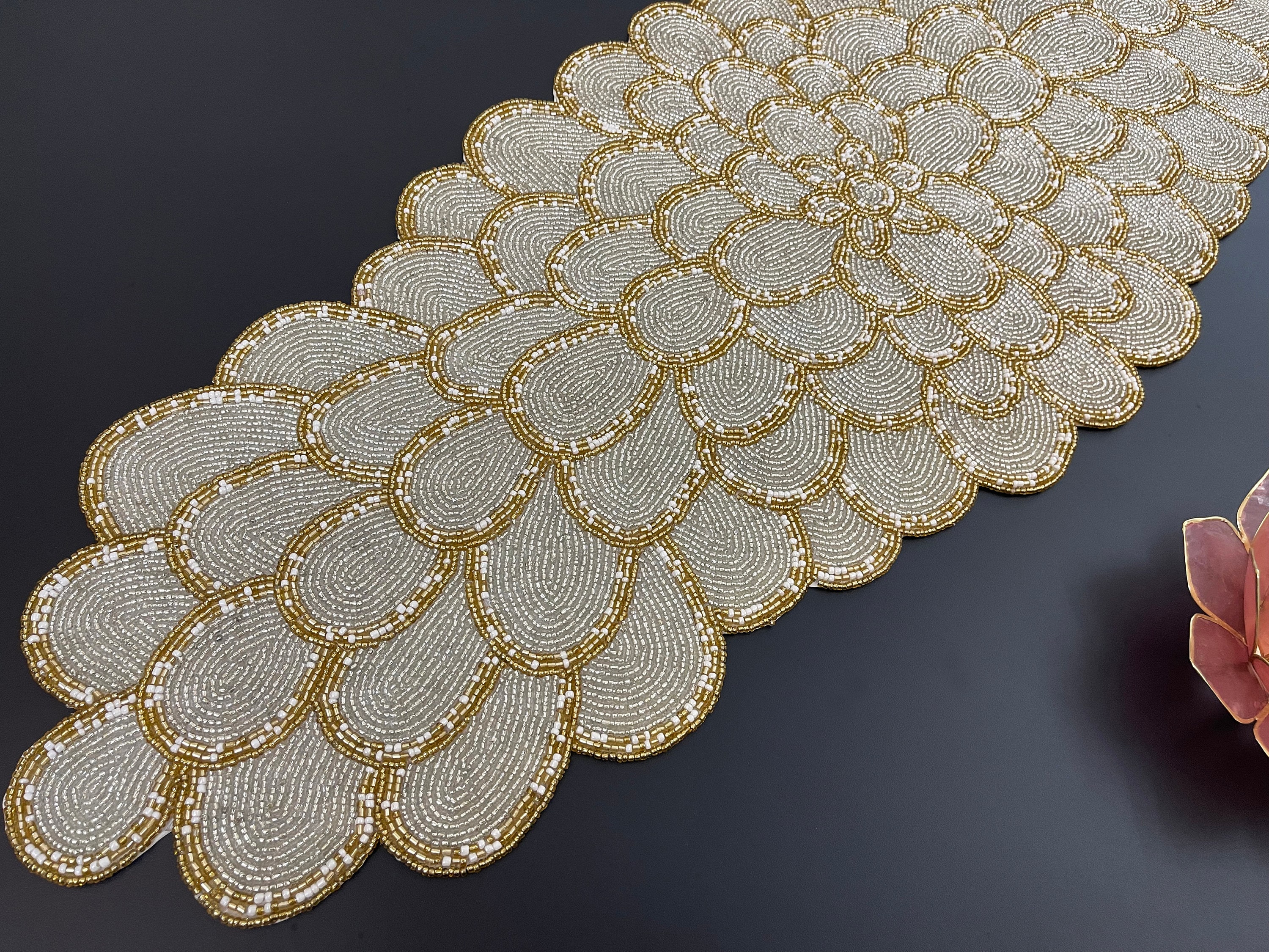 Handmade bead table runner, floral beaded runner, Silver and Gold, 13x36inch