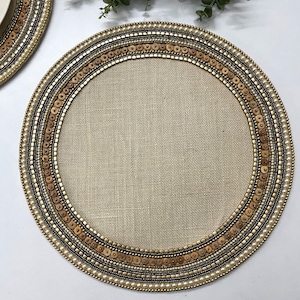 Handmade beaded placemat on burlap, 14inch