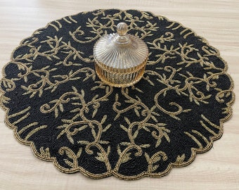 XL placemat 66cm, Handmade beaded placemat, beaded tablemat, black gold bead, gift for her 