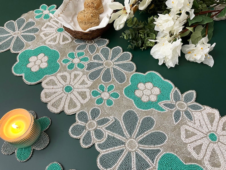 Handmade Bead Table Runner and Placemat, Floral Beaded Runner - Etsy