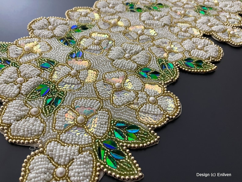 Handmade Beaded Spring Table Runner White Flowers Bed Etsy