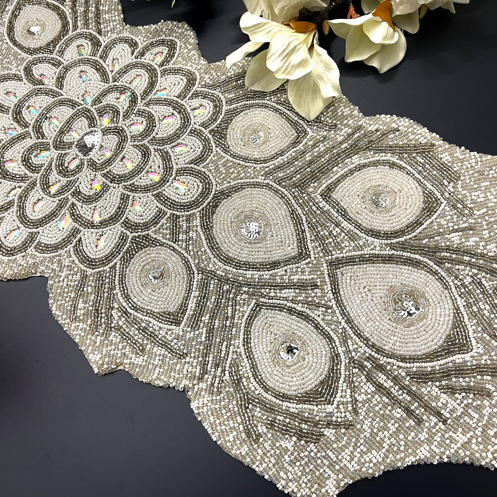 Handmade Bead Table Runner Peacock Design White and Silver Etsy