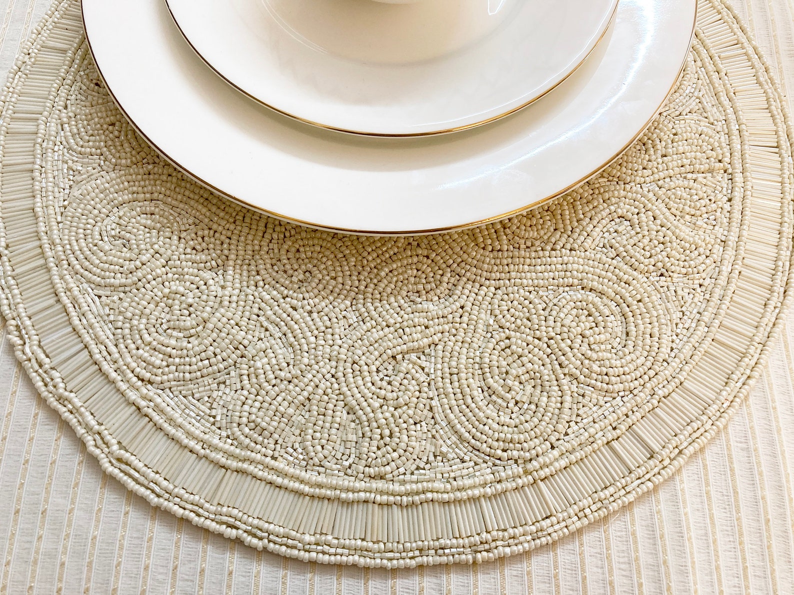 Handmade Beaded Placemat Beaded Tablemat 14 Inch White Bead Etsy