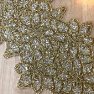 Handmade Beaded Table Runner: Black & Gold Festive Decor (13 X 36