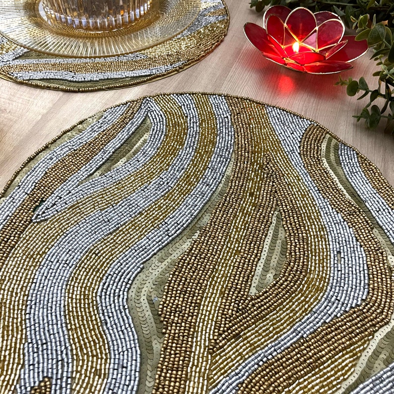 Handmade Bead Table Placemat, Beaded Silver and Gold, 14 Inch - Etsy