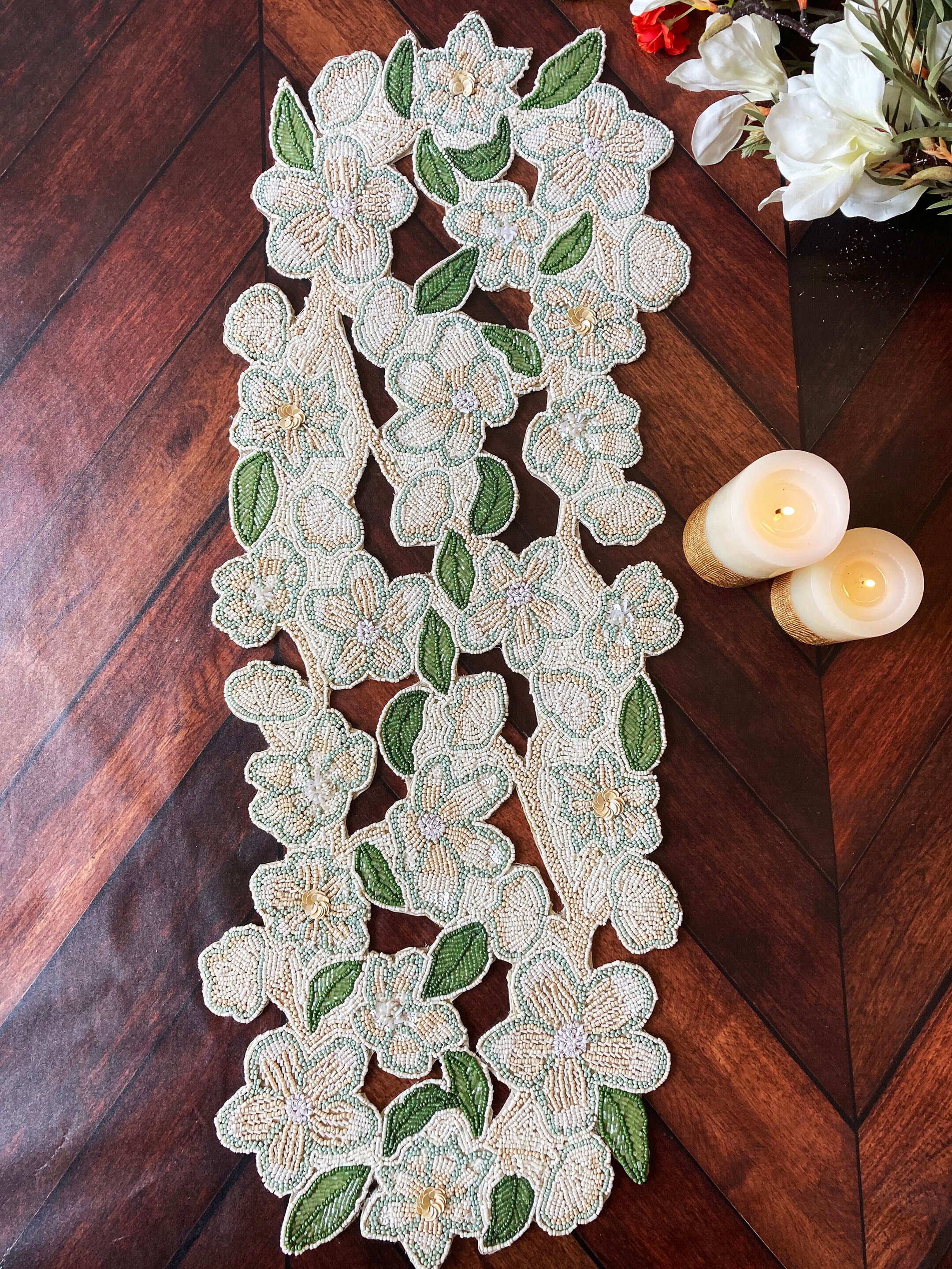 Handmade table runner beaded runner floral cutwork bead Etsy