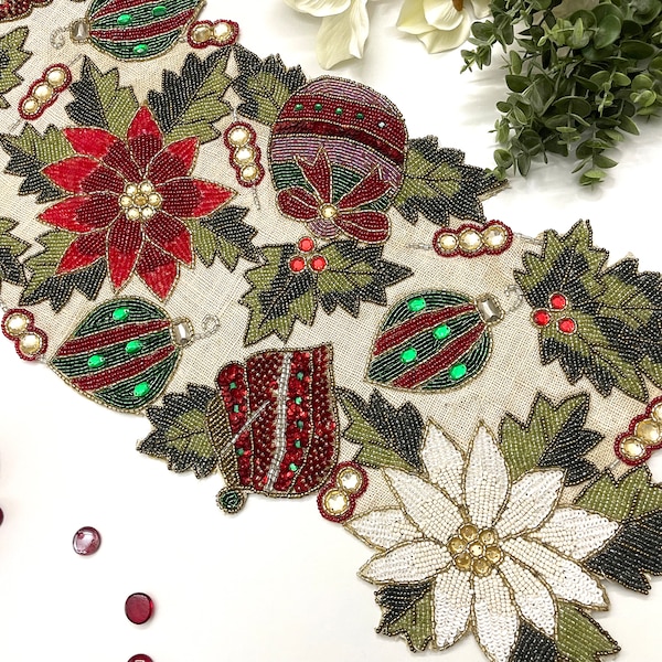 Handmade Christmas table runner, beaded runner, centerpiece multi colour, 13x36inch