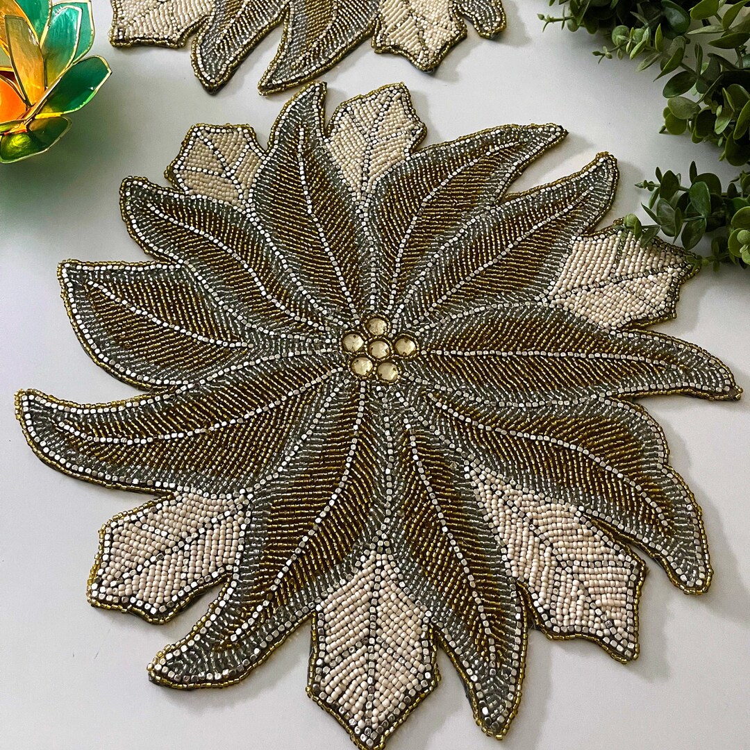 Christmas Poinsettia Beaded Placemat, Cream, Gold and Silver, Gift for Her, Christmas Placemat