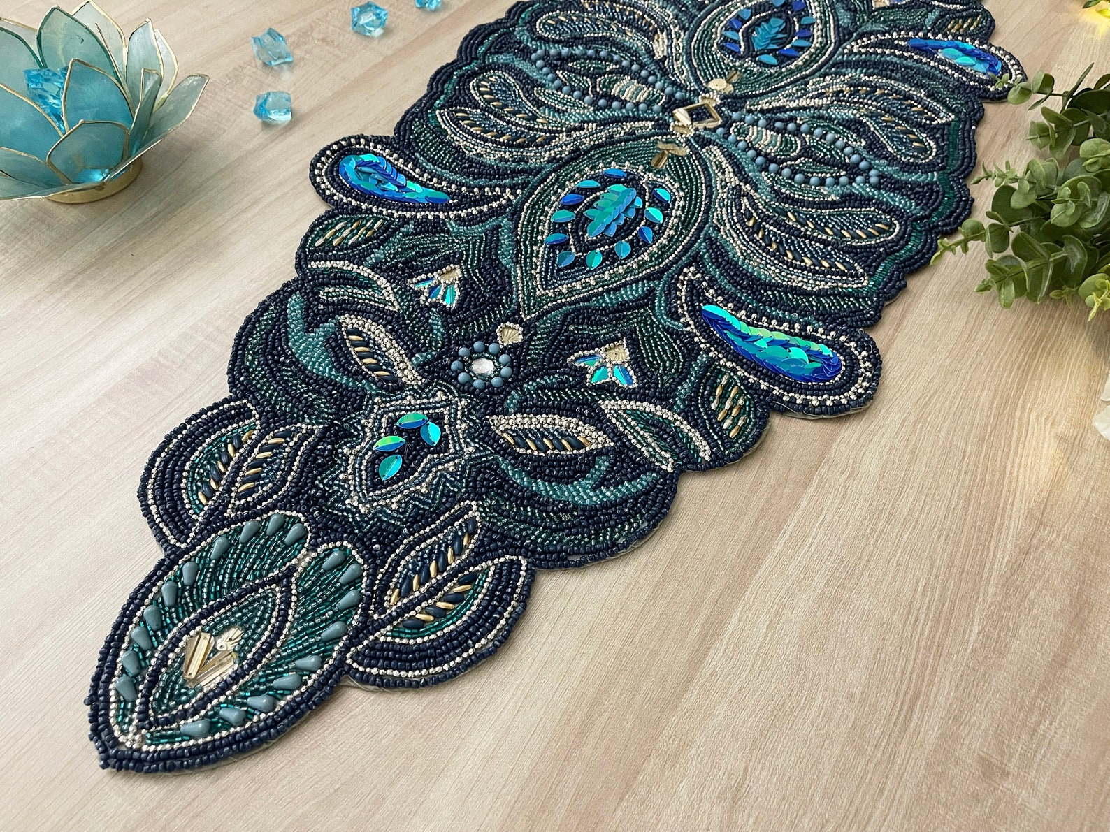Handmade Table Runner, Luxury Beaded Runner, Blue Centerpiece ...