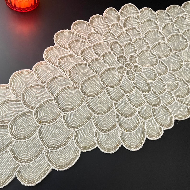 Handmade Bead Table Runner, Floral Beaded Runner, Silver and White ...