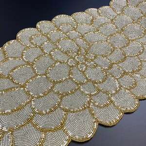Handmade Bead Table Runner, Floral Beaded Runner, Silver and Gold ...