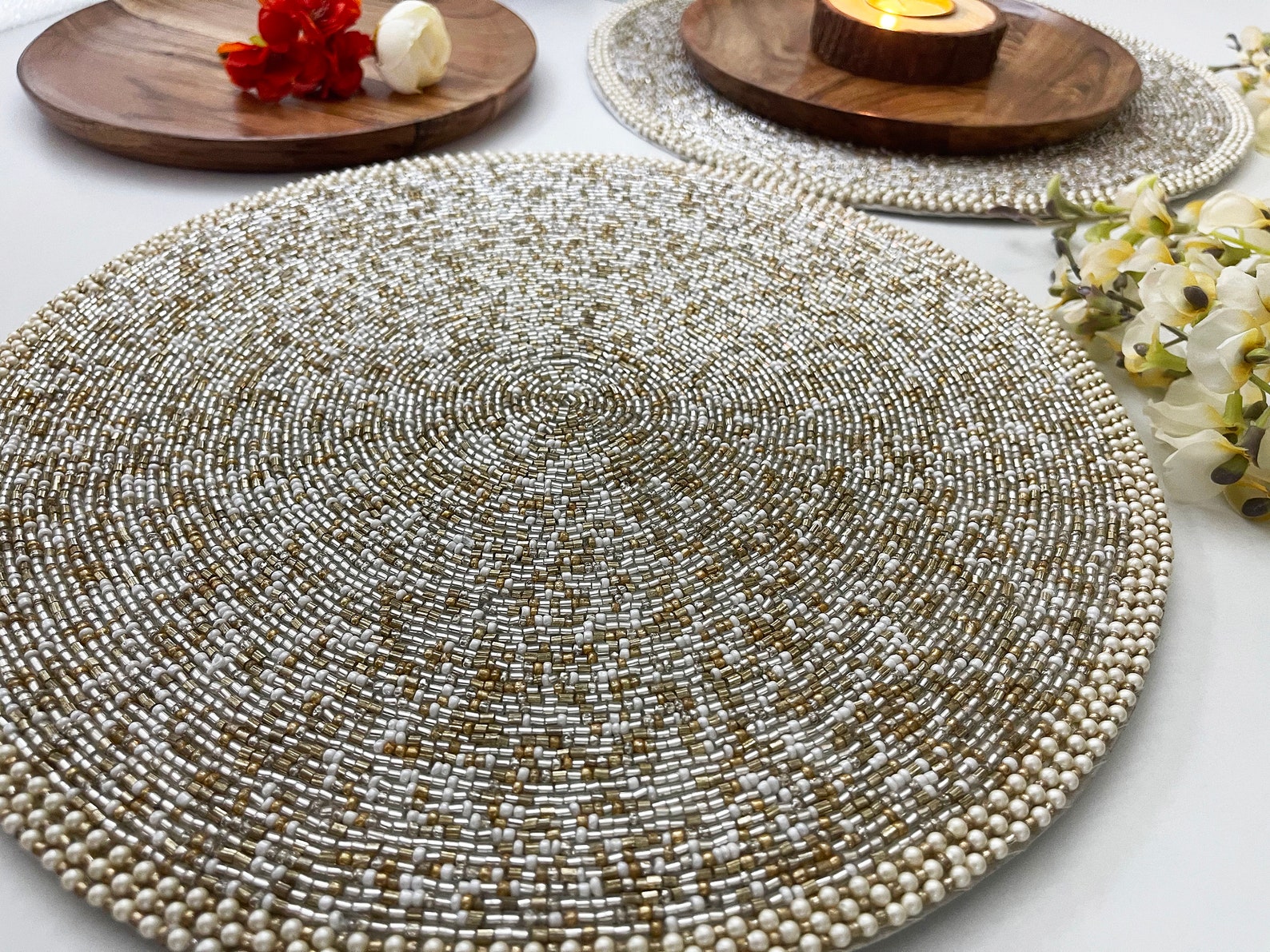 Handmade Beaded Placemat Beaded Table Mat Gold and Silver Etsy