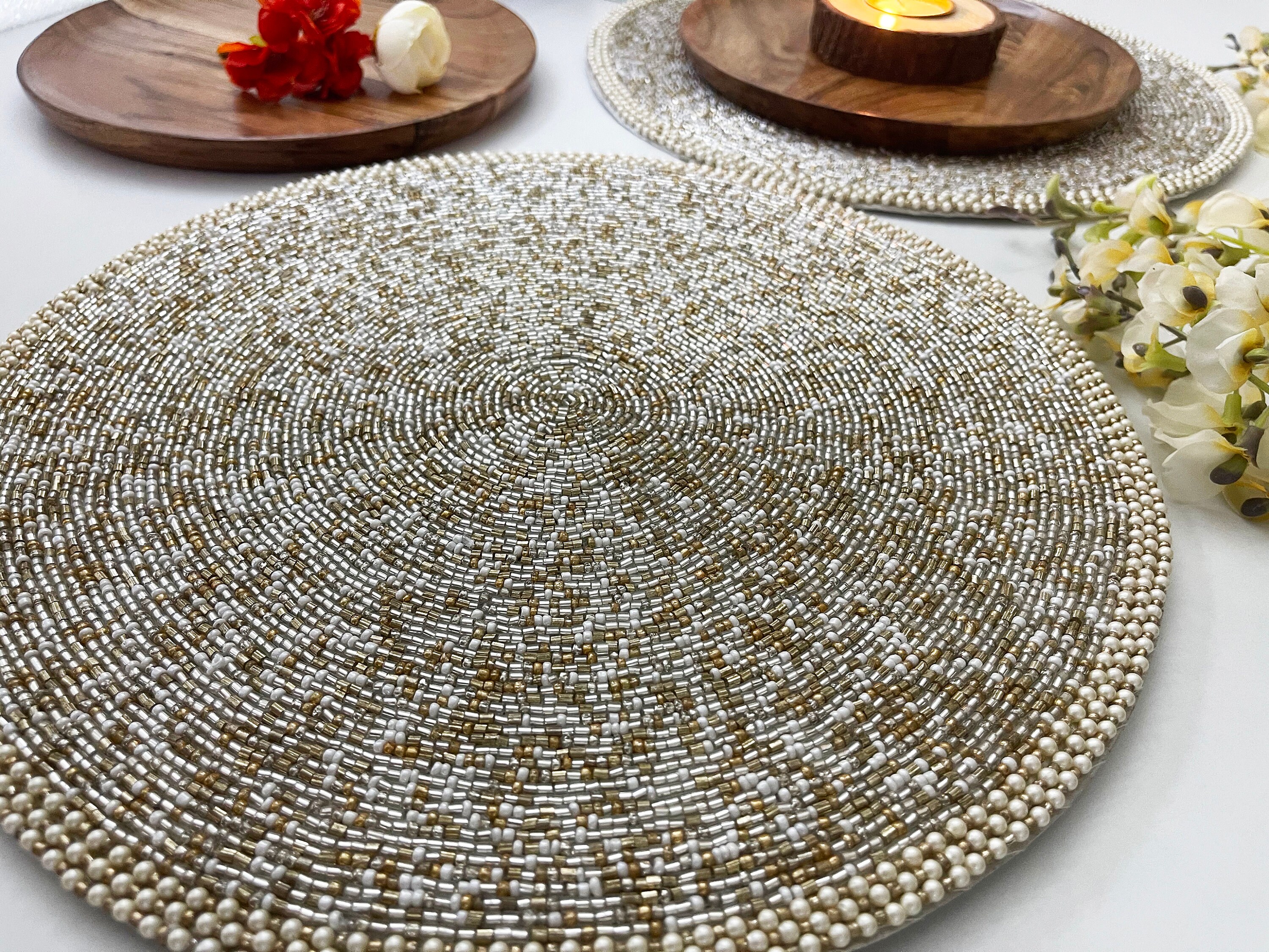 Handmade beaded placemat beaded table mat gold and silver Etsy