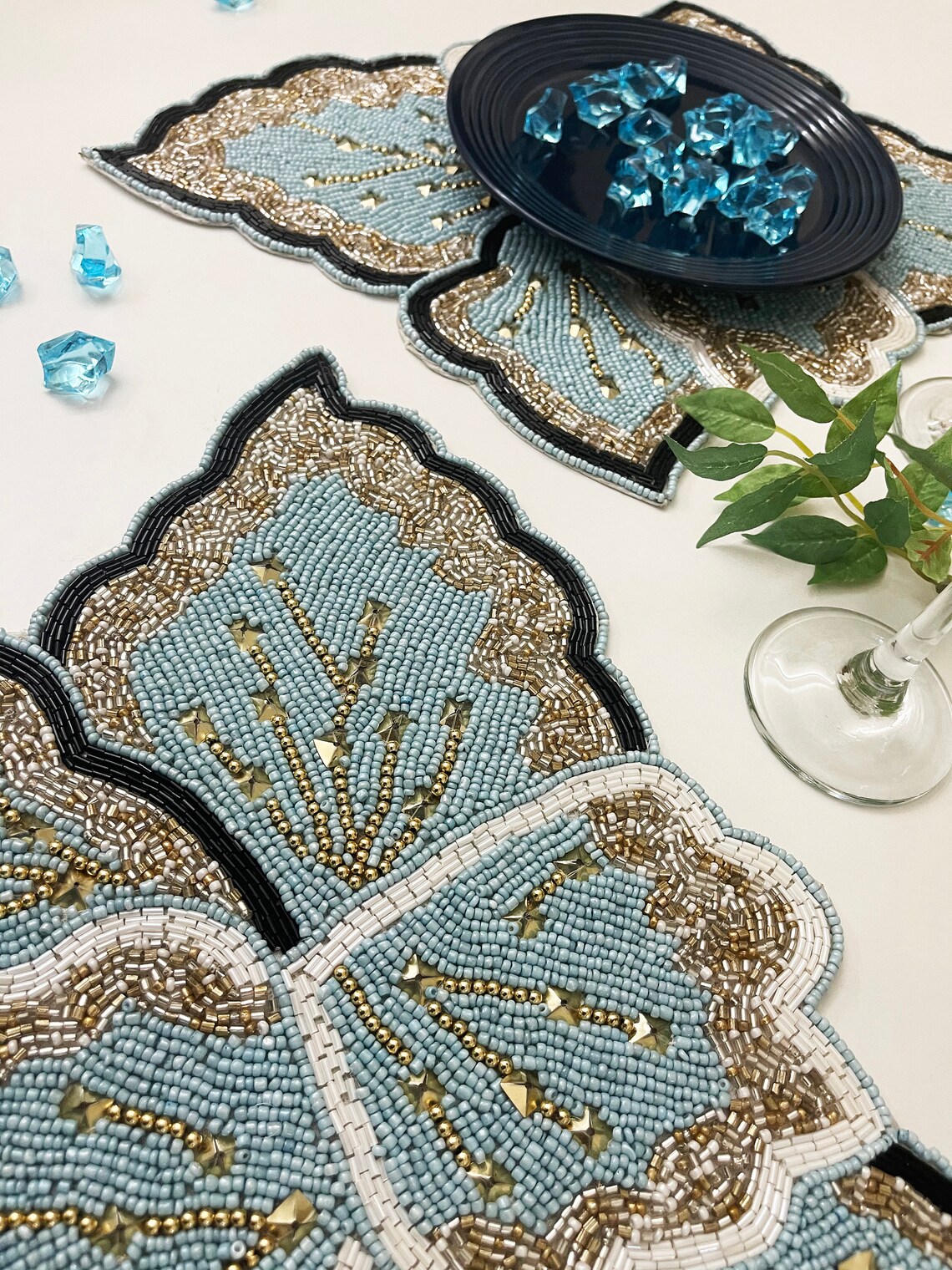 Handmade beaded placemat tablemat 14 inch blue gold black Etsy