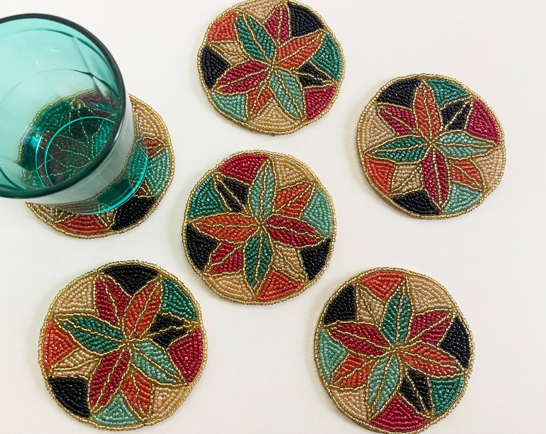 Set of 6 Coasters, Drink Coasters, Floral Beaded Coasters, Gift for Her ...