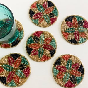 Set of 6 coasters, drink coasters, floral beaded coasters, gift for her, housewarming gift
