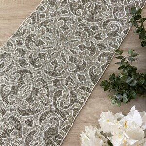 Handmade Bead Table Runner, Beaded Runner, Silver and White, 13x36inch ...