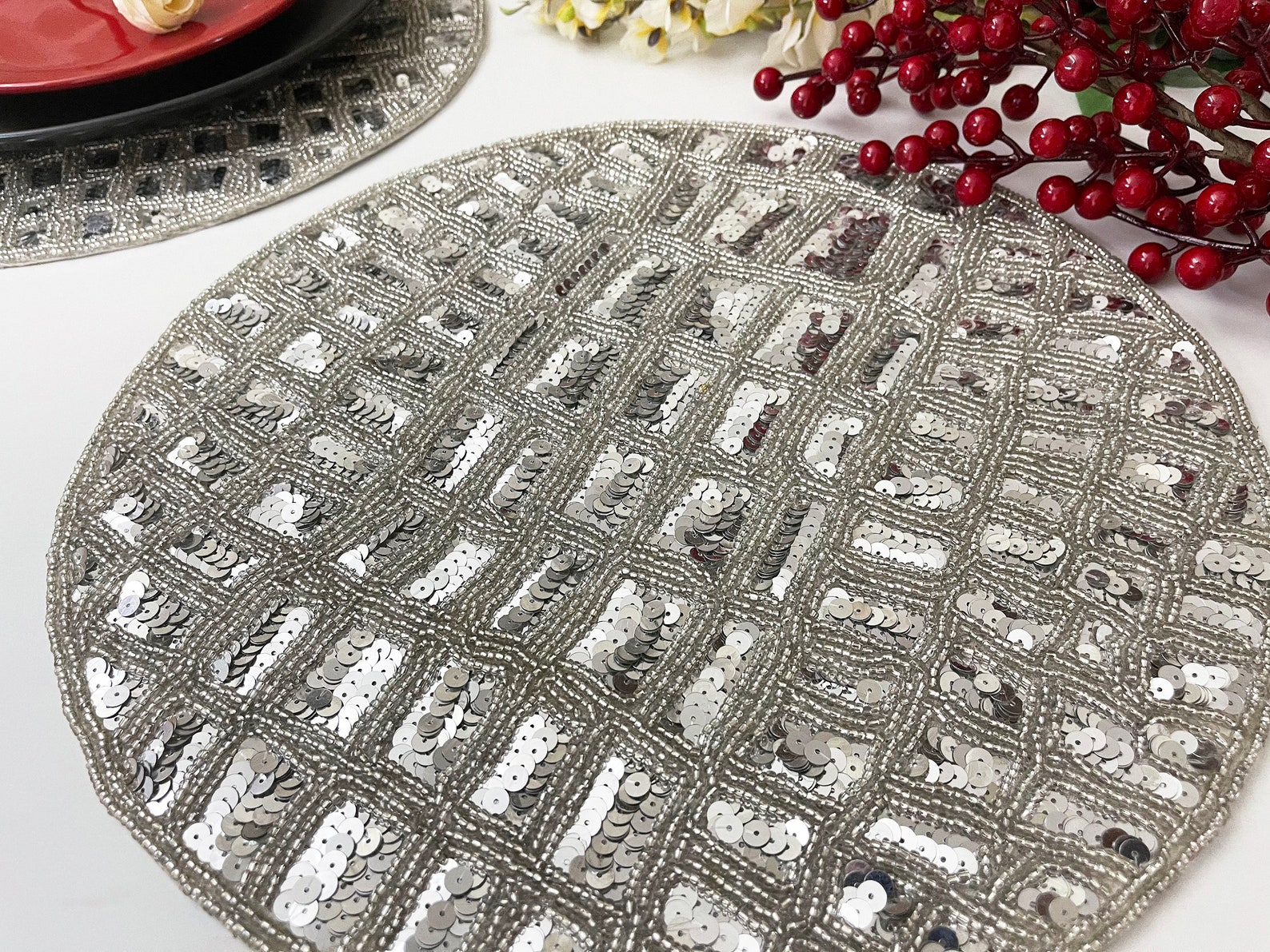 Handmade Beaded Sequin Placemat Table Mats 14 Inch Silver Etsy