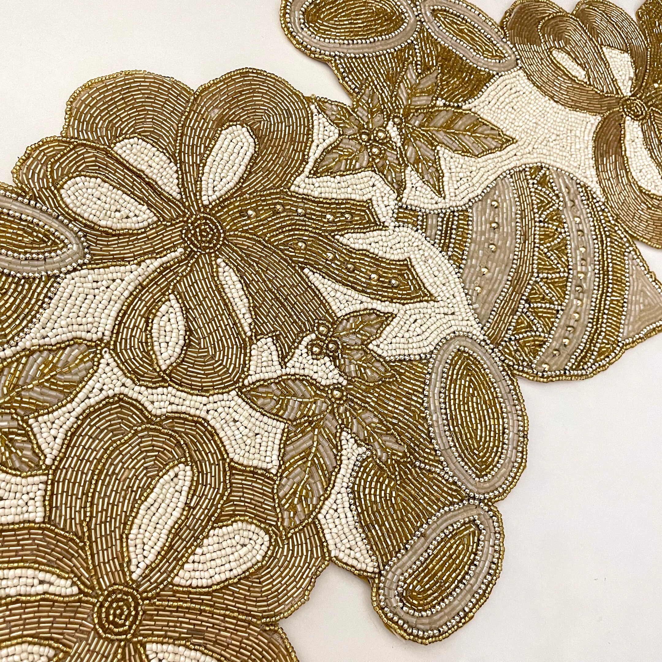 Handmade Christmas Table Runner, Beaded Runner, Centerpiece Cream Gold ...