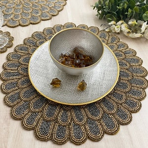 Handmade beaded placemat, gold and silver bead charger, tablemat, coasters