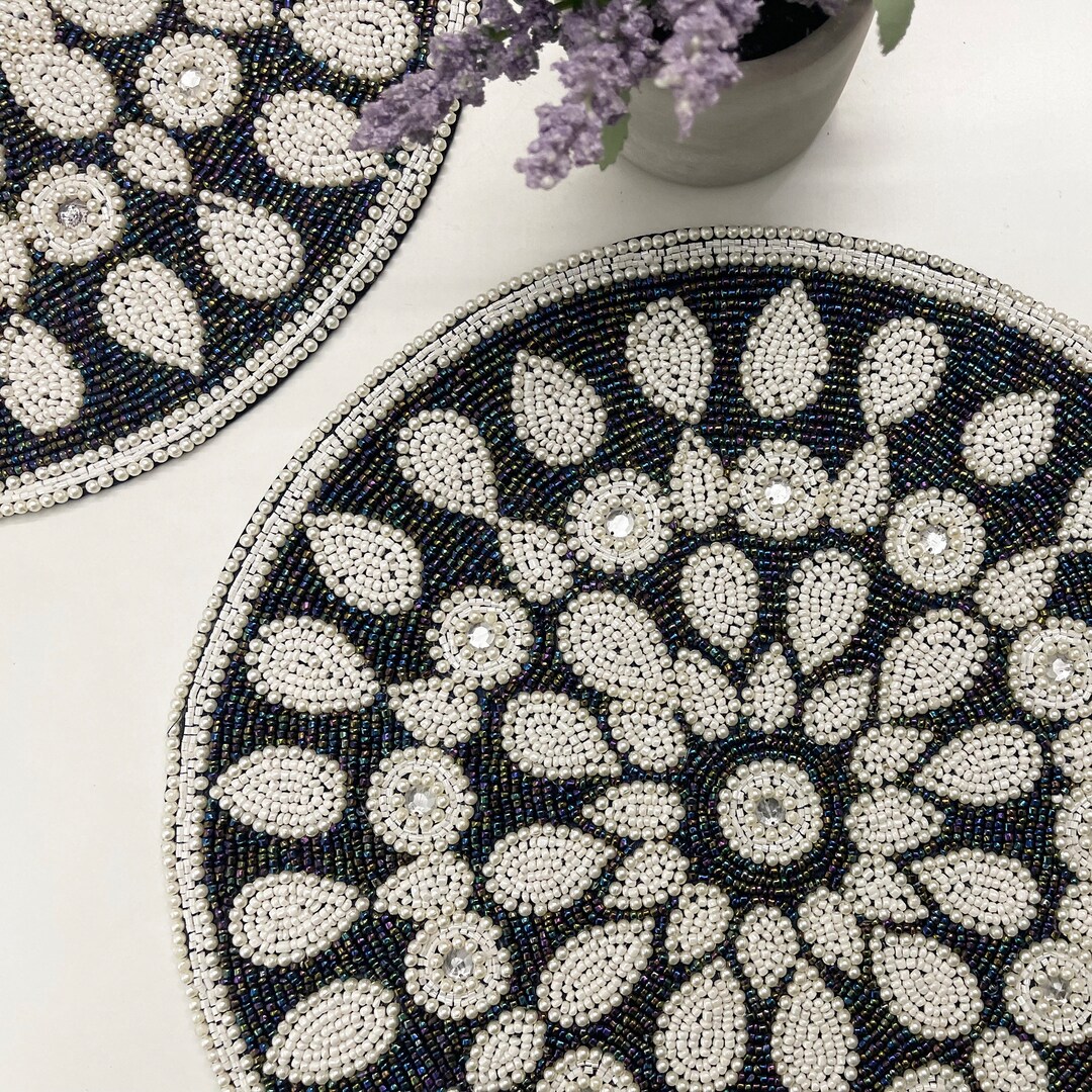 Set of 6, Handmade Placemat, Beaded Round Table Placemat, 14 Inch Etsy