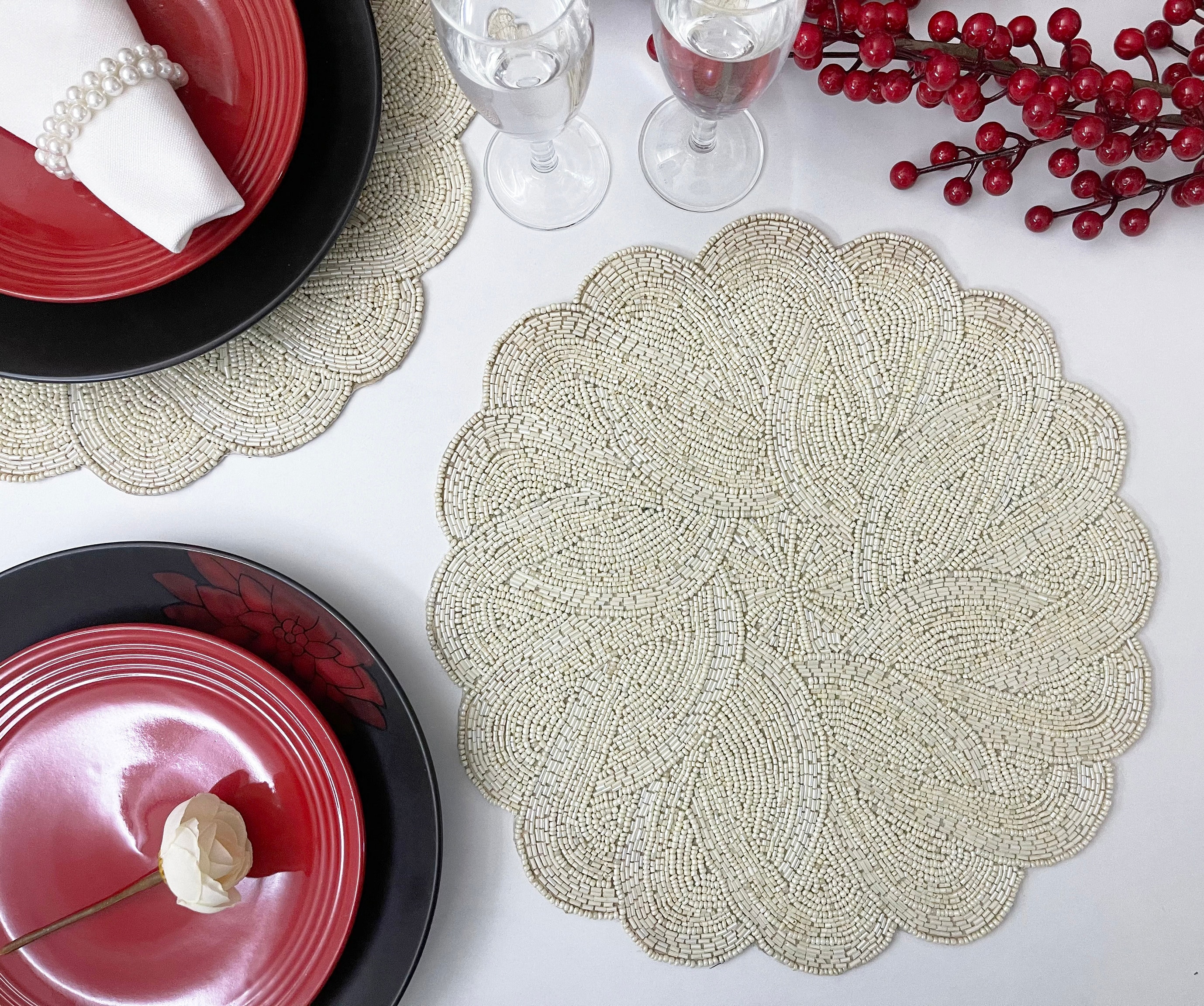 Handmade Beaded Placemat Beaded Tablemat 14 Inch off White Etsy