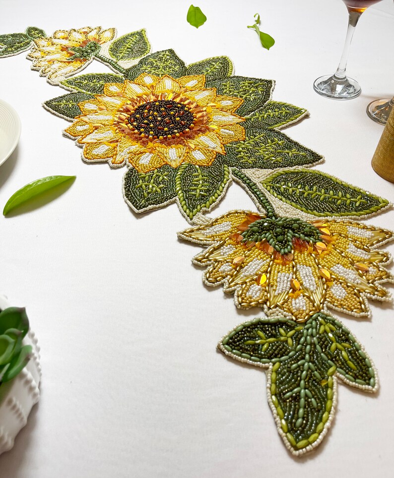 Sunflower Bead Runner Handmade Table Runner Beaded Table Etsy