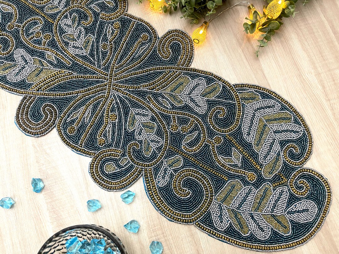 Handmade Beaded Table Runner: Turquoise, Gold, 13x36 Inch - Etsy