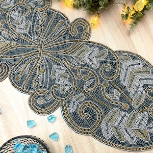 Handmade table runner, beaded table runner, Firozi Blue /  Turquoise and gold 13x36inch