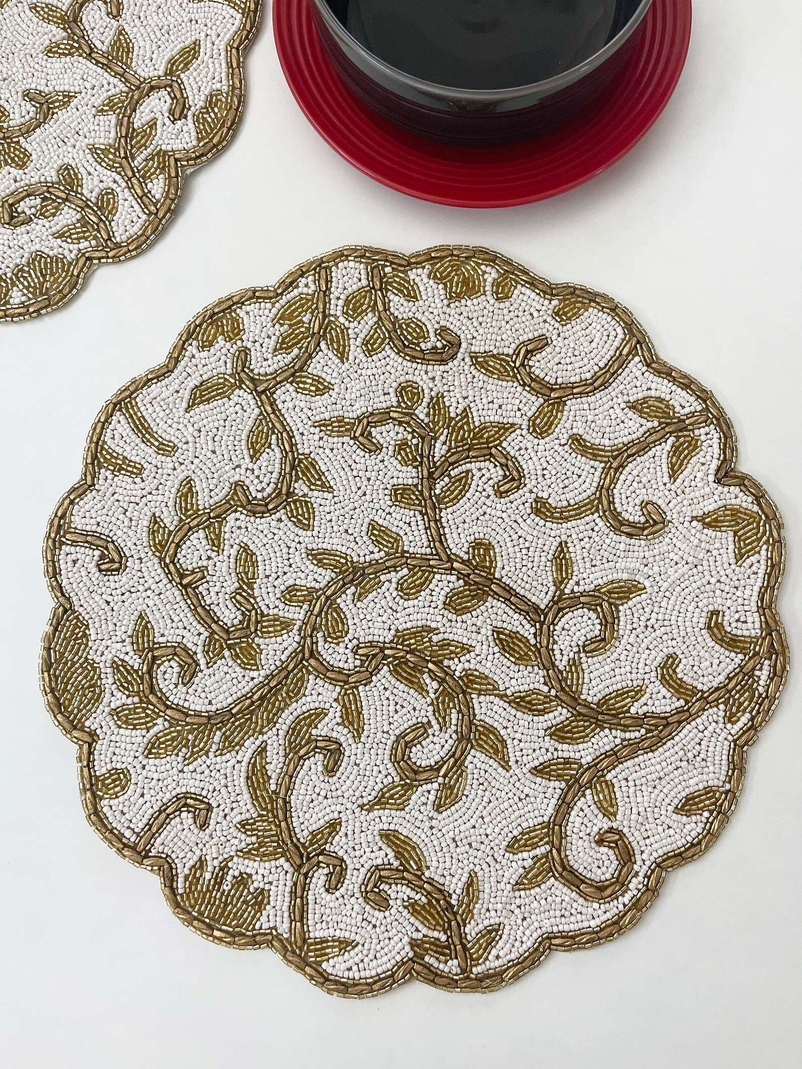 Handmade Beaded Placemat Beaded Tablemat 14 Inch White Gold Etsy