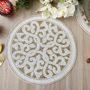 Handmade beaded placemat, Cream-white with gold, bead charger, tablemat