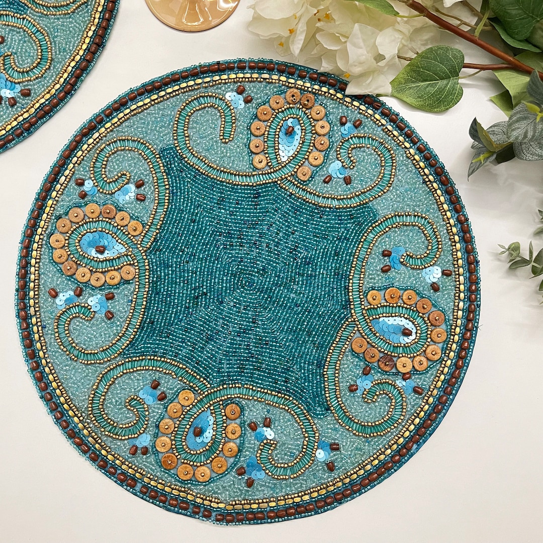 Set of 4/6 Handmade Bead Placemat Teal Bead and Wooden Bead Etsy