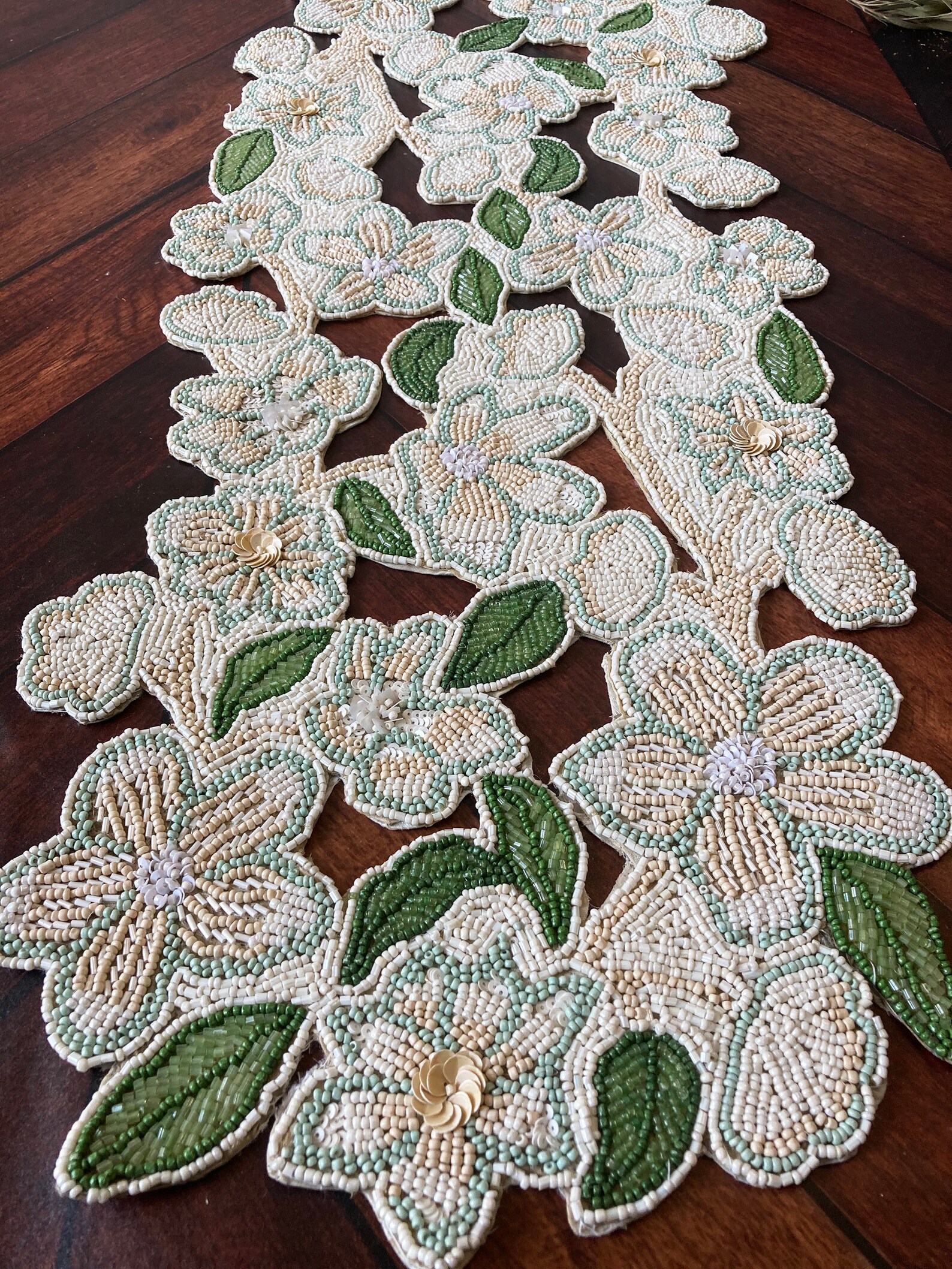 Handmade table runner beaded runner floral cutwork bead Etsy