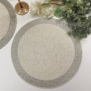 Set of 4/6, Handmade beaded placemats, living room tablemat, pearl white and silver