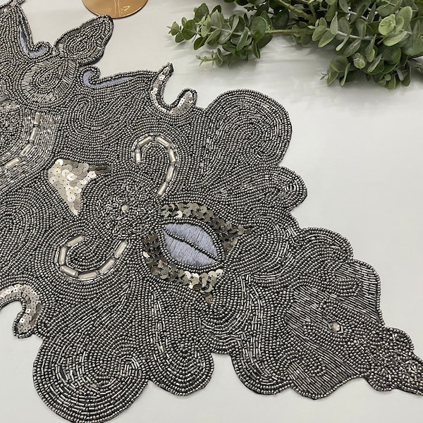 Handmade bead table runner, dark platinum grey beaded runner, 13x36inch